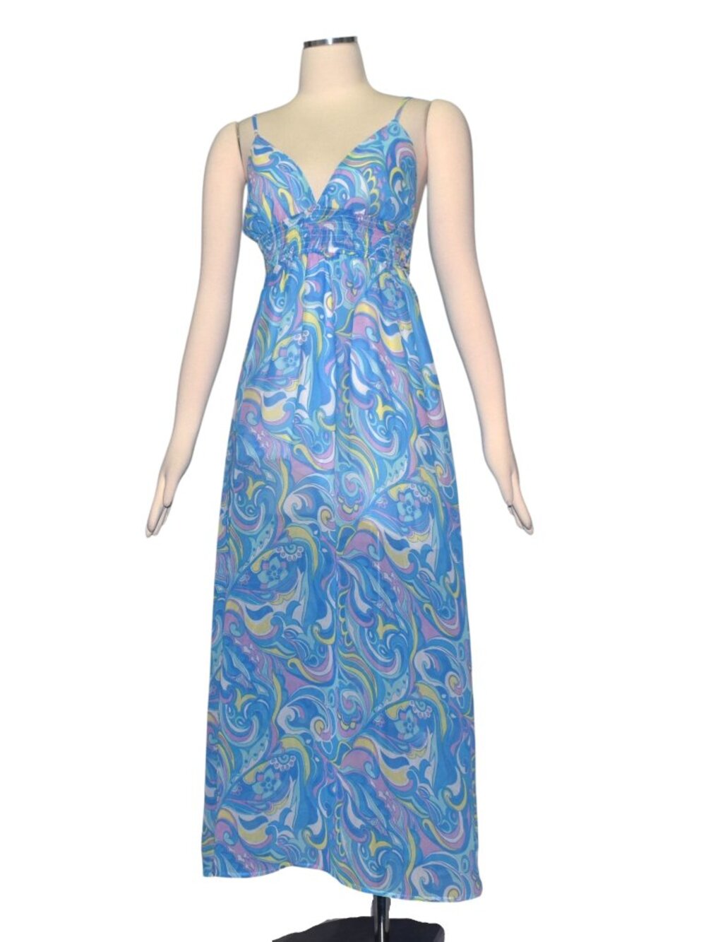 Retro 60s Swirl Florals Print Maxi Dress Semi Sheer Chiffon Sundress M